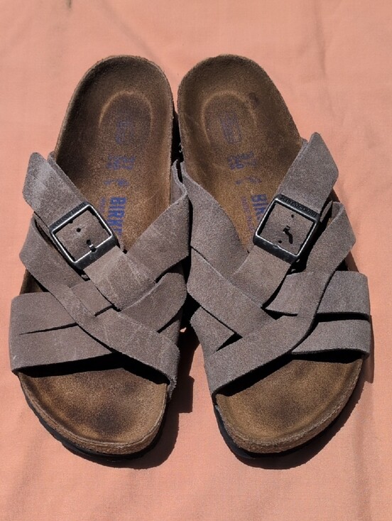 Birkenstock Shoes - Birkenstock Gray Suede Crisscross Slide Sandals with Buckle